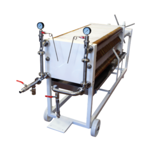 Filter press D11 on chassis with stainless steel fittings, manometers and filter panels for professional oil filtration.